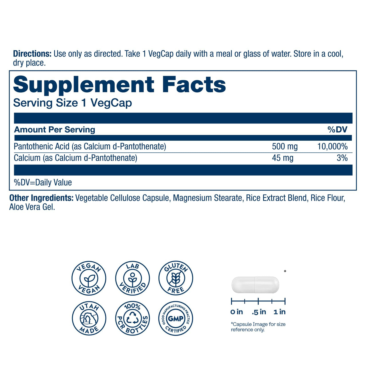 SOLARAY Pantothenic Acid 500mg - Pantothenic Acid Supplement (Vitamin B5) - Essential B Complex Vitamin - Nervous System and Cellular Energy Support - Vegan, Gluten Free, 60-Day Guaratee, 250 Servings