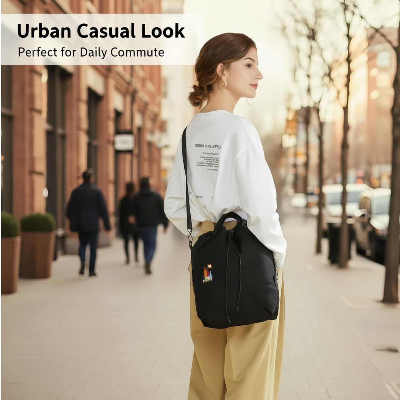 Women Canvas Tote Handbags Casual Shoulder Work Bag Crossbody Bag with Sunshine Embroidery (Black)