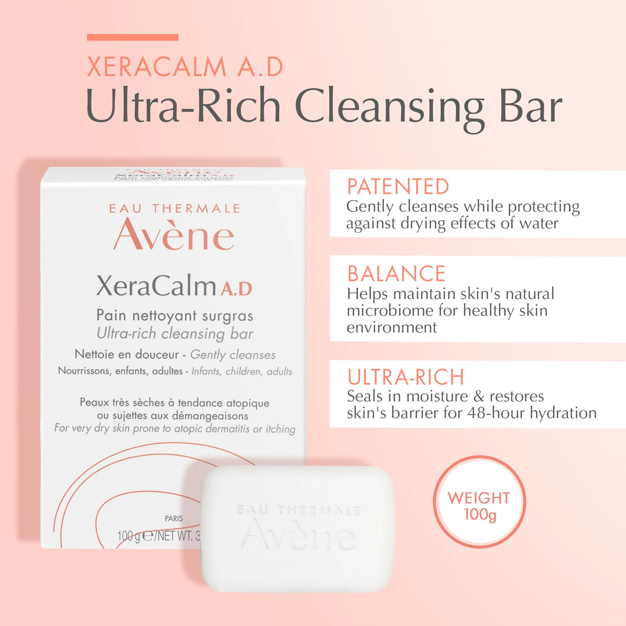 Avène Xercalm A.D Ultra-Rich Cleansing Bar for Atopic Dermatitis, Eczema Prone Skin, Fragrance-Free, 100 g