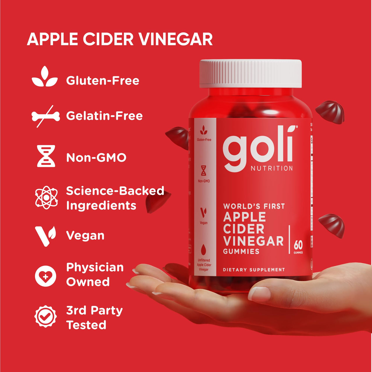 Goli Apple Cider Vinegar Gummies - Worlds First ACV Gummy with Vitamin B12, Beetroot & Pomegranate - Vegan, Non-GMO, Gluten-Free - 180 Count (Pack of 3)