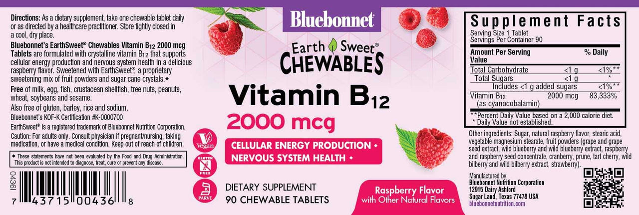 BlueBonnet Nutrition Earth Sweet Vitamin B12 2000 mcg Chewable Tablets, Soy-Free, Gluten-Free, Kosher Certified, Dairy-Free, Vegan, Raspberry Flavored, 90 Chewable Tablets, 90 Servings