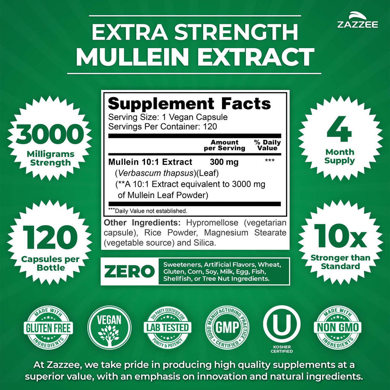 Zazzee Extra Strength Mullein 10:1 Extract, 3000 mg Strength, 120 Vegan Capsules, 4 Month Supply, Certified Kosher, Lung and Respiratory Support, 100% Pure Leaf Powder, Non-GMO, Made in the USA