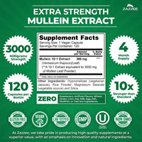 Thumbnail for Zazzee Extra Strength Mullein 10:1 Extract, 3000 mg Strength, 120 Vegan Capsules, 4 Month Supply, Certified Kosher, Lung and Respiratory Support, 100% Pure Leaf Powder, Non-GMO, Made in the USA