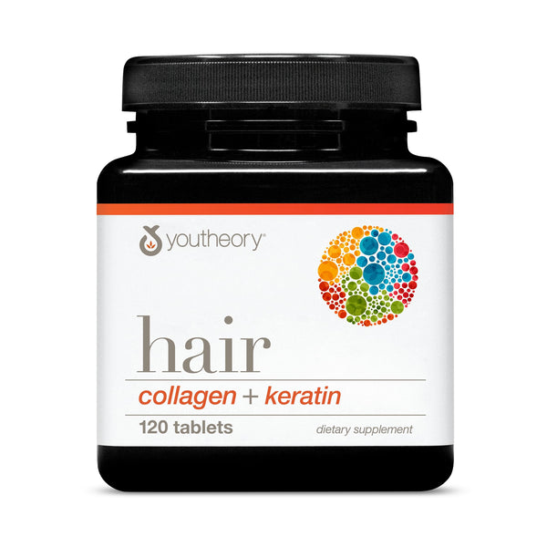Youtheory Hair Collagen + Keratin - Advanced Collagen & Keratin Supplement - Supports Hair Growth & Nail Health - Aids Anti-Aging - 120 Tablets (20-Day Supply)