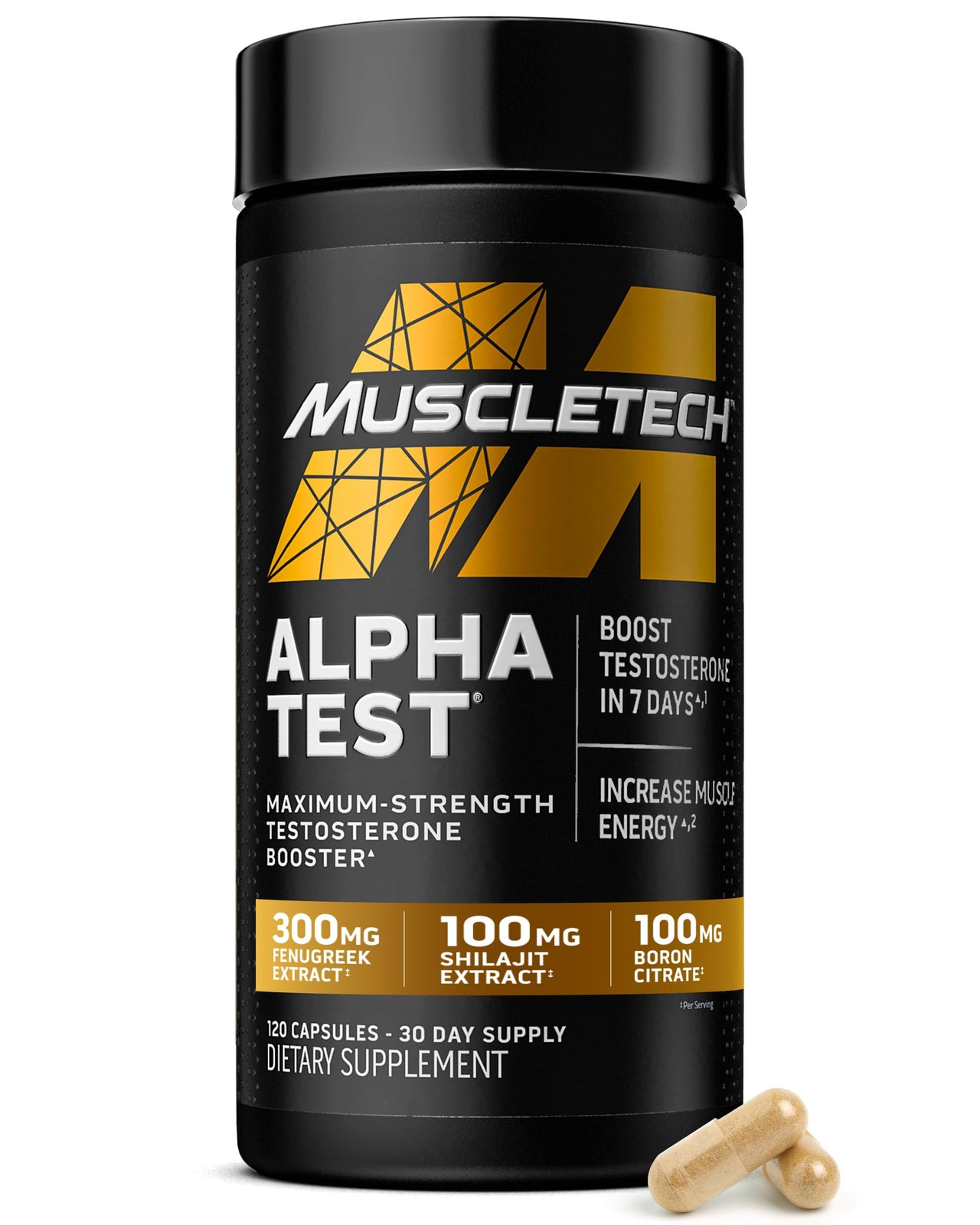 MuscleTech Testosterone Booster for Men, AlphaTest - T-Boost Mens Supplement with Tribulus Terrestris & Boron - Daily Male Gym Workout Supplements for Muscle Growth, Stamina & Energy - 120 Pills