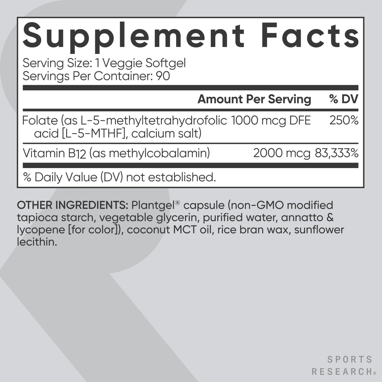 Sports Research® Methyl Folate + B12-1000 mcg L-Methylfolate & 2000 mcg Methylcobalamin for Cellular Energy Support - Vegan B12 w/Coconut MCT Oil - Non-GMO, Gluten Free - 90 Veggie Softgels