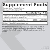 Thumbnail for Sports Research® Methyl Folate + B12-1000 mcg L-Methylfolate & 2000 mcg Methylcobalamin for Cellular Energy Support - Vegan B12 w/Coconut MCT Oil - Non-GMO, Gluten Free - 90 Veggie Softgels