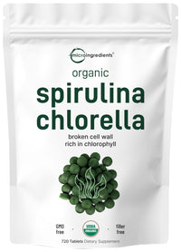 Thumbnail for Organic Spirulina Chlorella Tablets, 3,000mg Per Serving, 720 Tablets (4 Month Supply) | 50/50 Blend Superfood | Cracked Cell Wall for Better Absorption | Rich in Vegan Protein & Chlorophyll