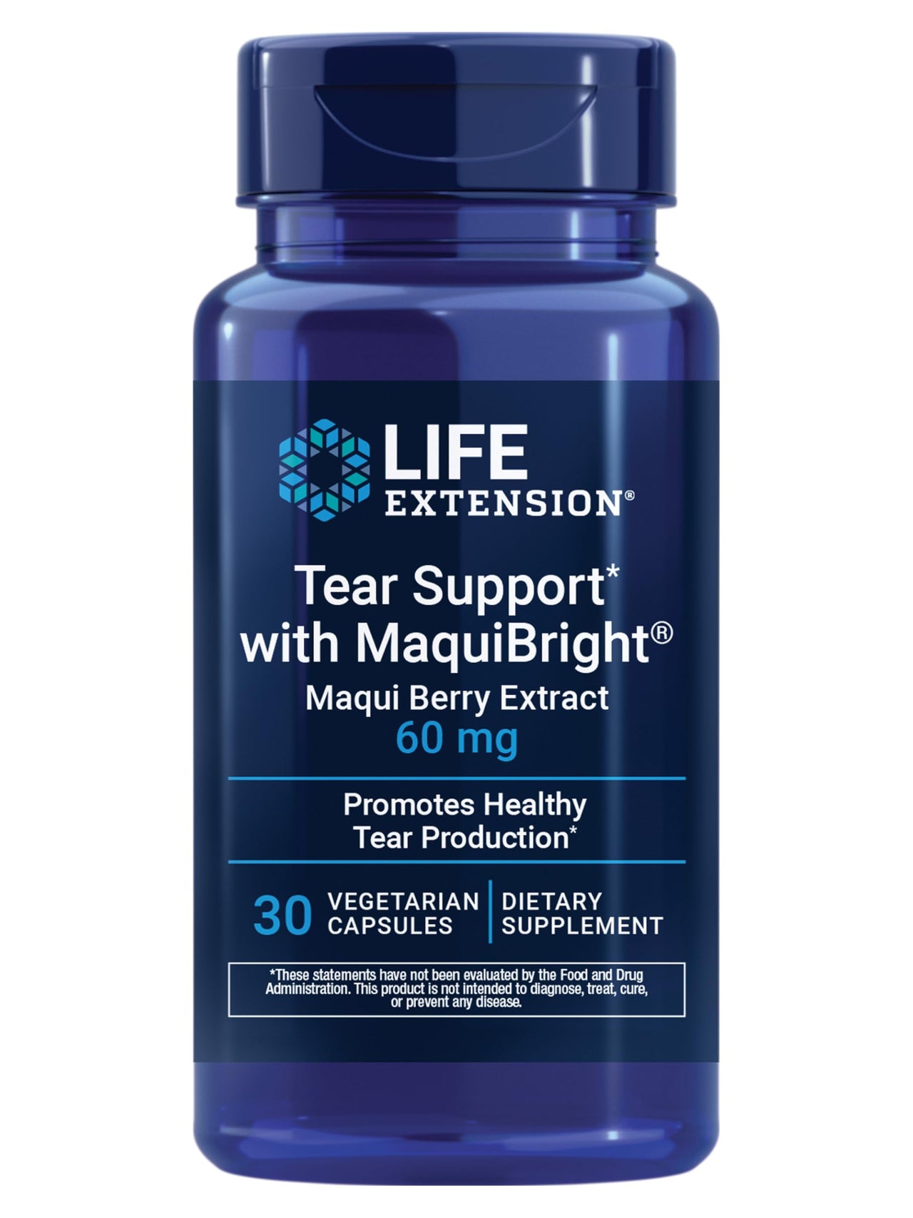 Life Extension Tear Support with MaquiBright®, 60 mg, Maqui Berry Extract for Dry Eyes, Supports Eye Health, Encourages Tear Production, Gluten-Free, Non-GMO, 1 Daily, Vegetarian, 30 Capsules