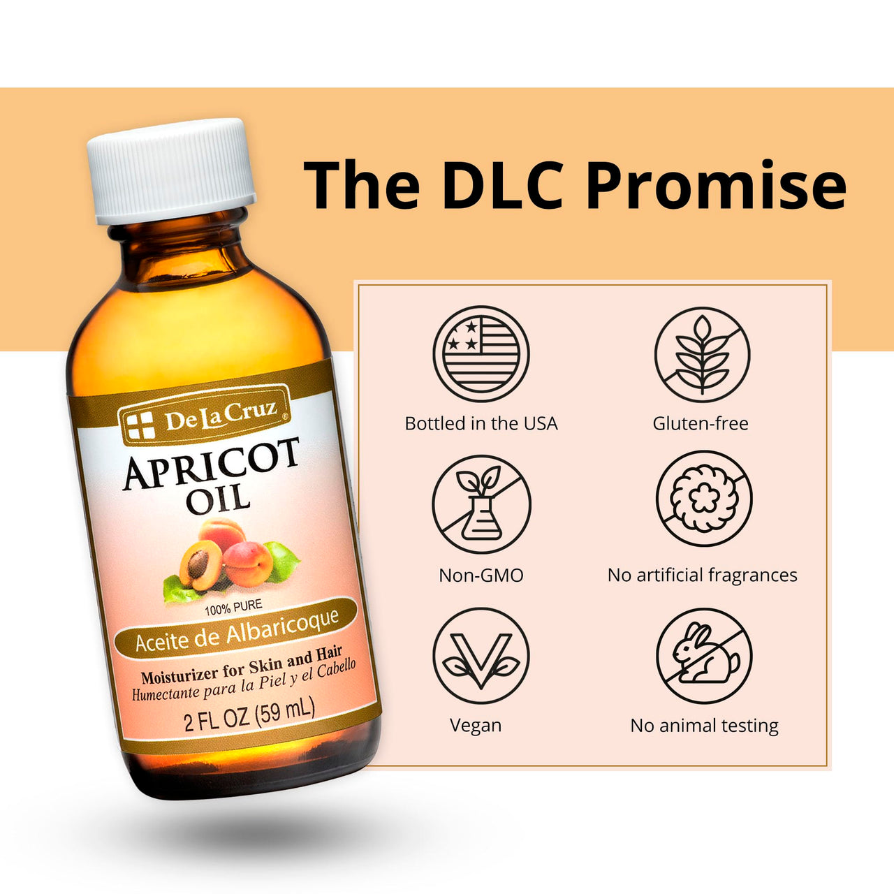 De La Cruz - Apricot Oil - 100% Pure Apricot Kernel Oil - Moisturizing Oil for Skin and Hair - Expeller Pressed Hexane Free - 2 fl OZ