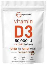 Thumbnail for Micro Ingredients Vitamin D3 50,000 IU + K2 MK-7 200 mcg, 240 Softgels | Virgin Coconut Oil | 2-in-1 Support | Easy to Swallow, Non-GMO