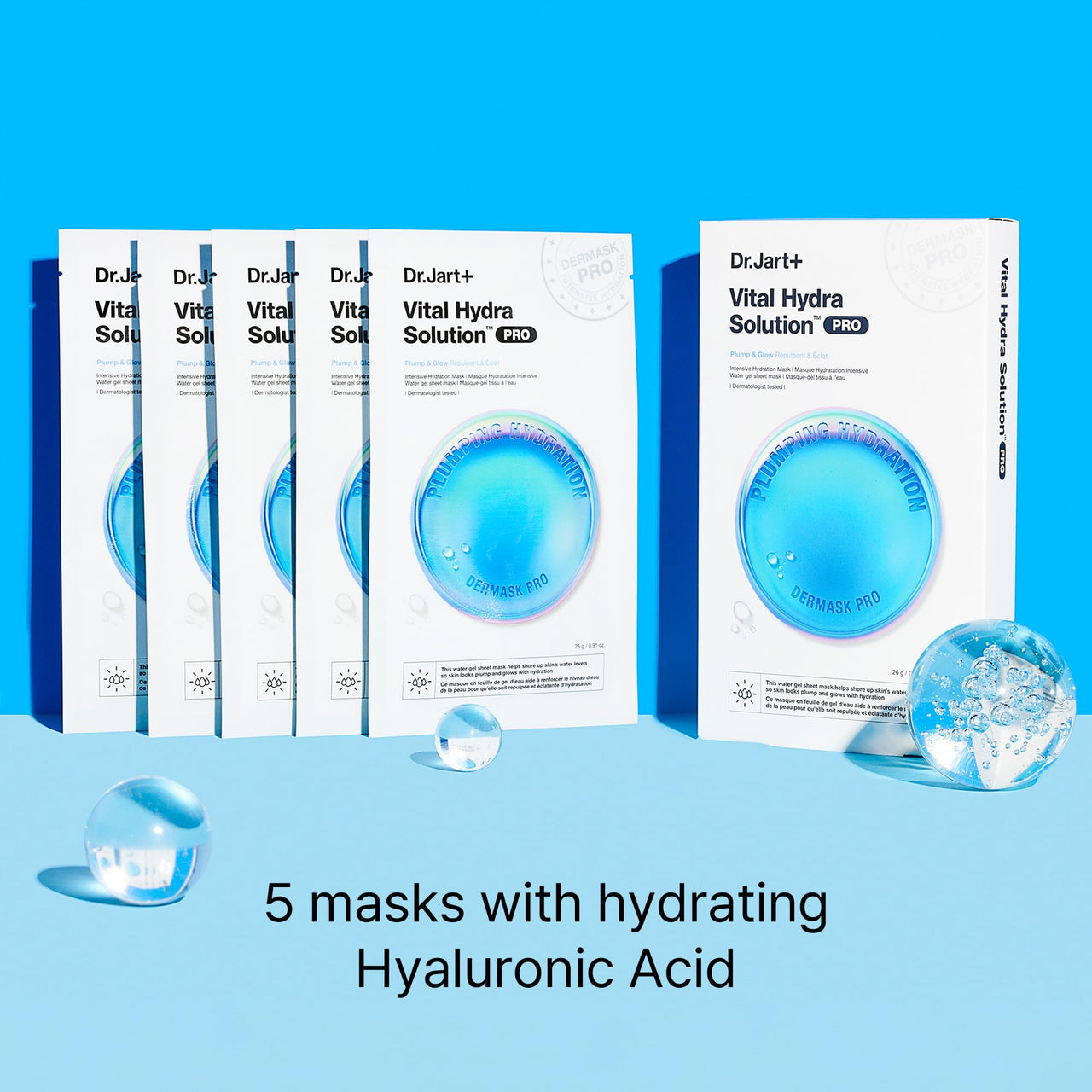 Dr.Jart+ Dermask Vital Hydra Solution Glow Korean Face Mask with Hyaluronic Acid for Glass Skin | Sheet Mask | Korean Skin Care, 5 Pack