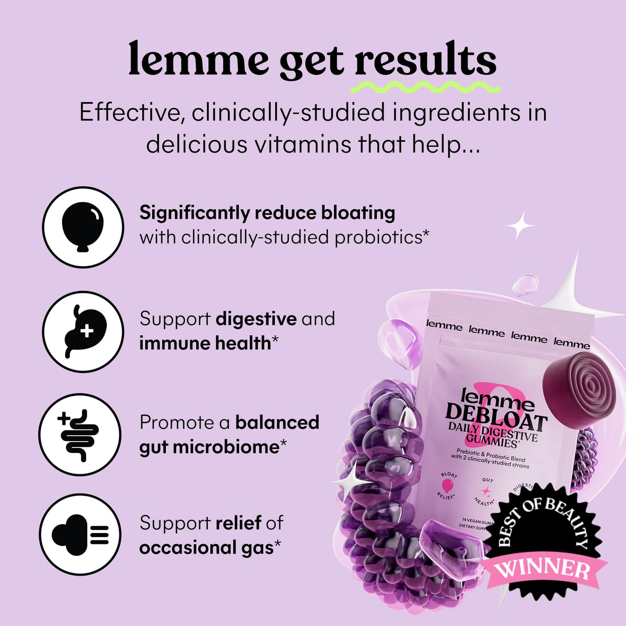 Lemme Sleep, Debloat & Purr Variety Sampler Pack | Melatonin & Magnesium for Sleep | Probiotics & Prebiotics for Bloating | Vaginal Probiotic & Pineapple Gummies - Gluten-Free, Non-GMO - 14ct