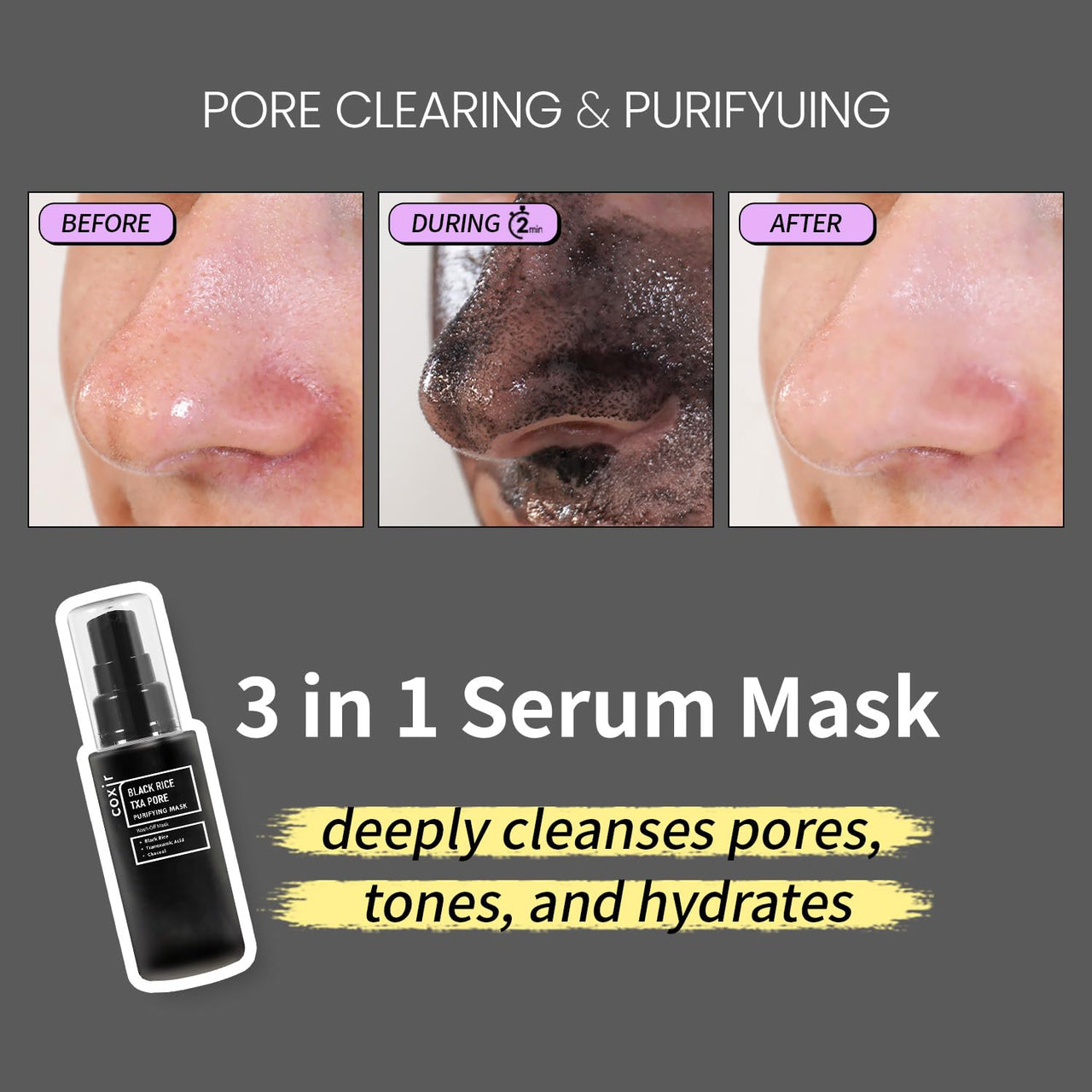 coxir BLACK RICE TXA PORE PURIFYING MASK l Tranexamic Acid, 3-in-1 Detox Serum Mask l Pore, Cleansing, Toning l Hydrating Wash Off Mask for Blackhead, Korean Skin Care[50ml/1.69 fl.oz]