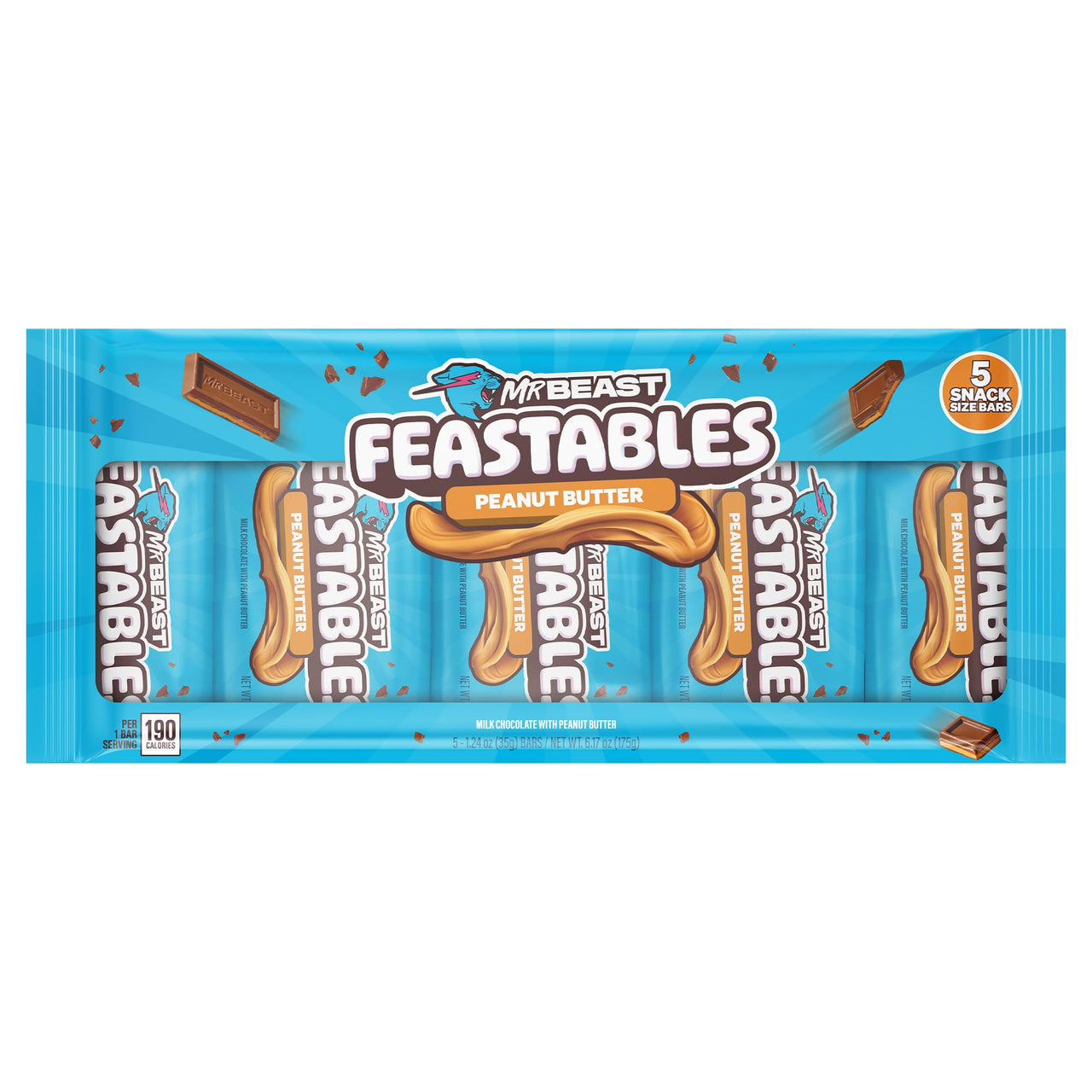 Feastables MrBeast Peanut Butter Milk Chocolate Chocolate Bar, Full Size Bar for Adults & Kids, Candy Bars, Snacks, Gifts, & Dessert, Fairtrade Cocoa, 1.24 Oz Each, 5 Count
