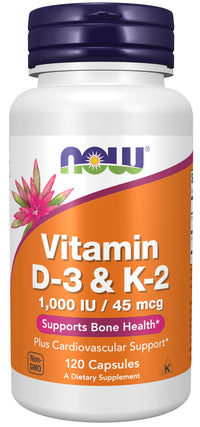Thumbnail for NOW Supplements, Vitamin D-3 & K-2, 1,000 IU/45 mcg,Plus Cardiovascular Support*, Supports Bone Health*, 120 veg Capsules