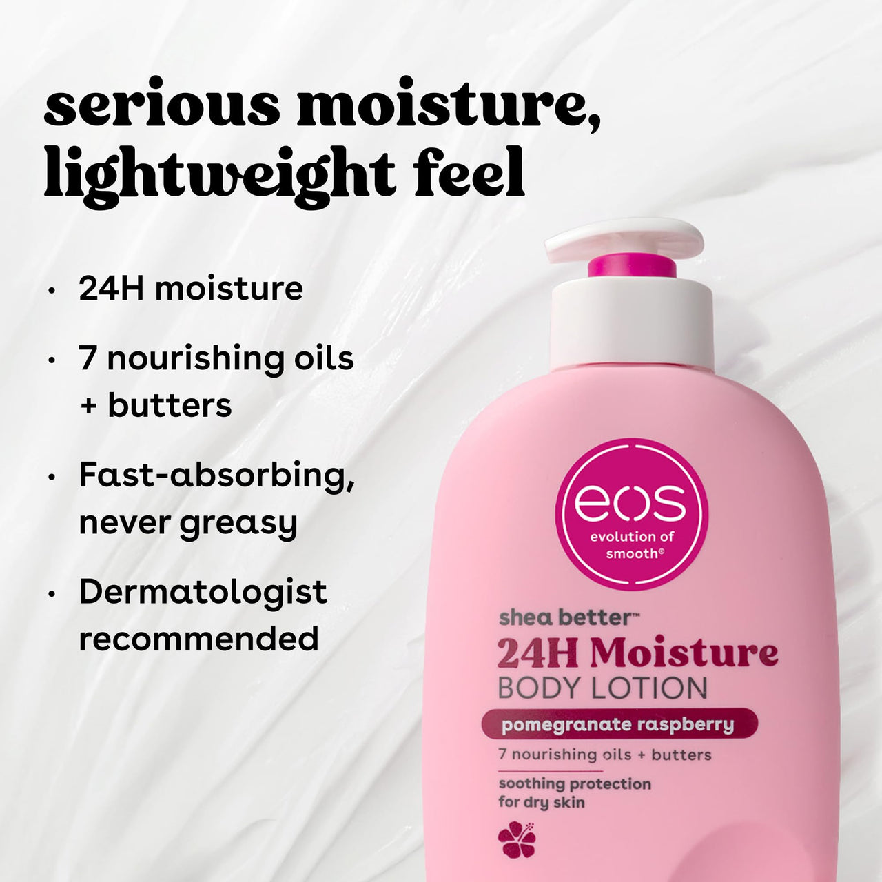 eos Shea Better Body Lotion Pomegranate Raspberry, 24-Hour Moisture Skin Care, Lightweight & Non-Greasy, Natural Shea, Vegan, 16 fl oz
