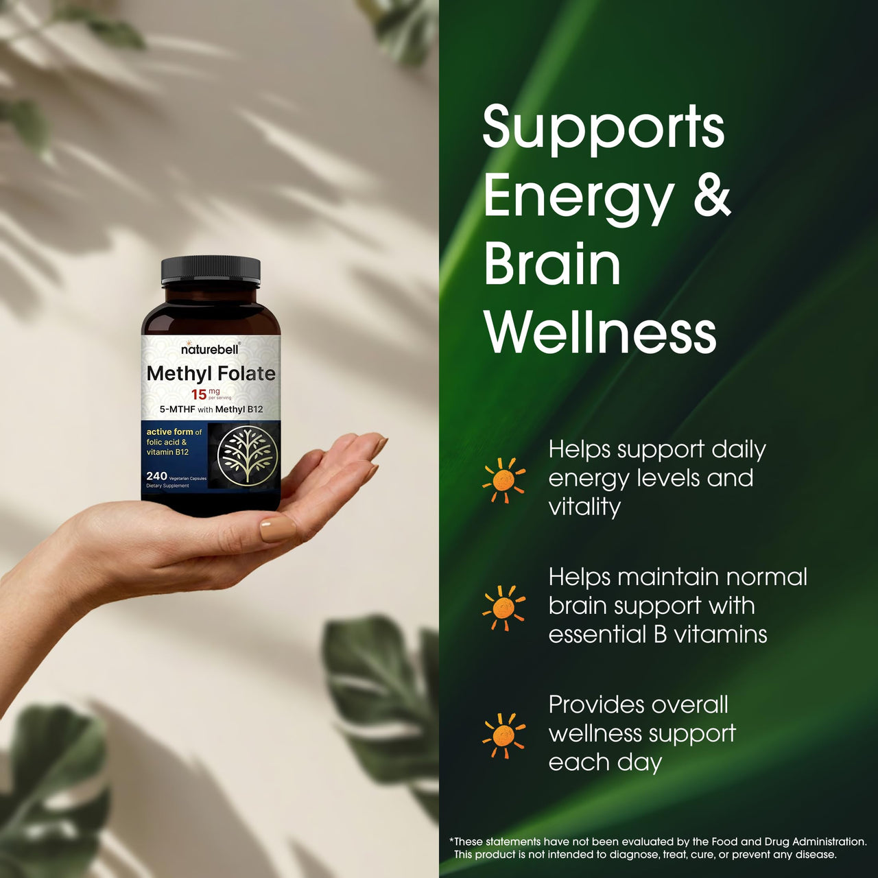 NatureBell Methyl Folate 15mg - 240 Capsules - 5-MTHF with Methyl B12-15mg L-Methylfolate & 1,000mcg Vitamin B12 - Energy & Cognitive Support Supplement* - Gluten-Free & Non-GMO