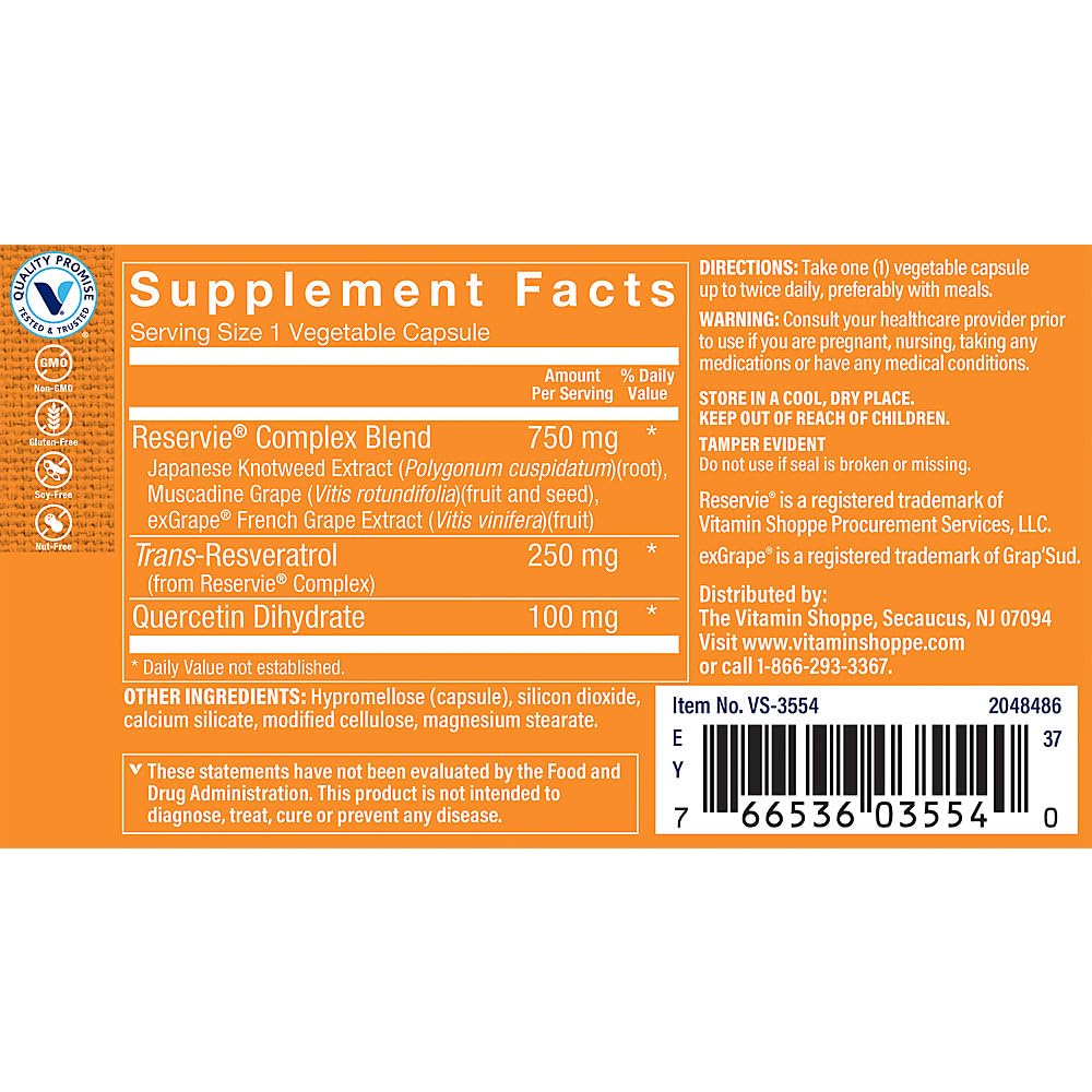 The Vitamin Shoppe Reservie™ Trans Resveratrol 250MG, Antioxidant That Supports Healthy Aging, Cellular and Cardiovascular Health (60 Veggie Caps)