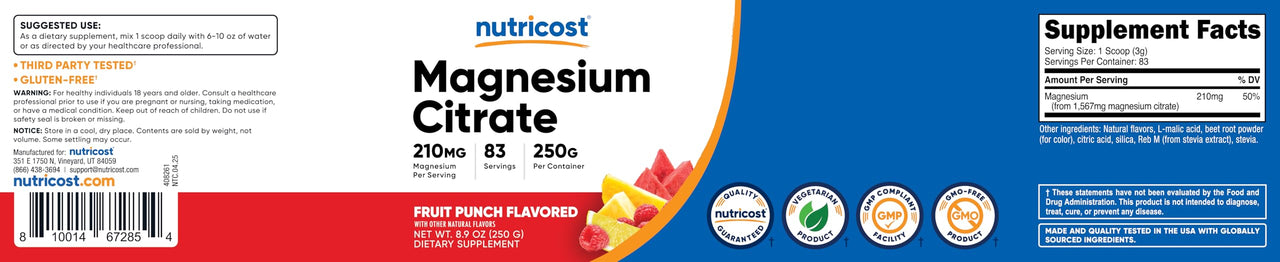 Nutricost Magnesium Citrate Powder (Fruit Punch, 250 Gram)