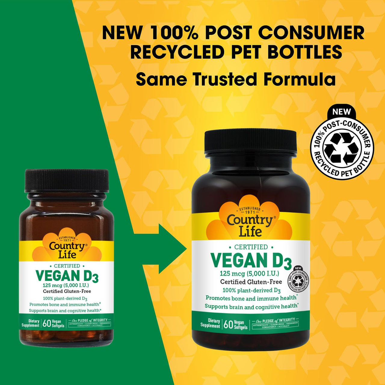 Country Life Vegan D3 5000 IU – Plant-Derived Vitamin D3 from Lichen – Certified Vegan, Gluten-Free, Non-GMO – Clean, Simple Formula – 60 Softgels
