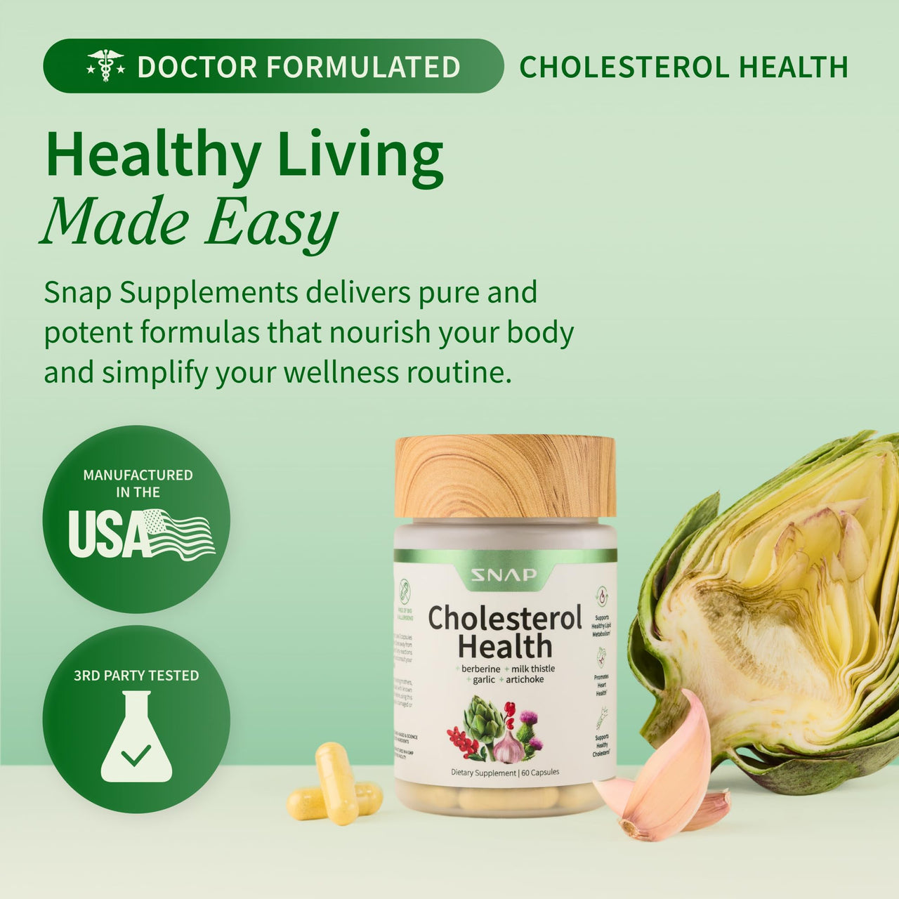 Snap Supplements Cholesterol Health - Artichoke, Milk Thistle, Garlic, and Berberine Supplement with Beta Sitosterol (95% Plant Sterols) for Digestive and Metabolic Support, 60 Capsules (30 Servings)