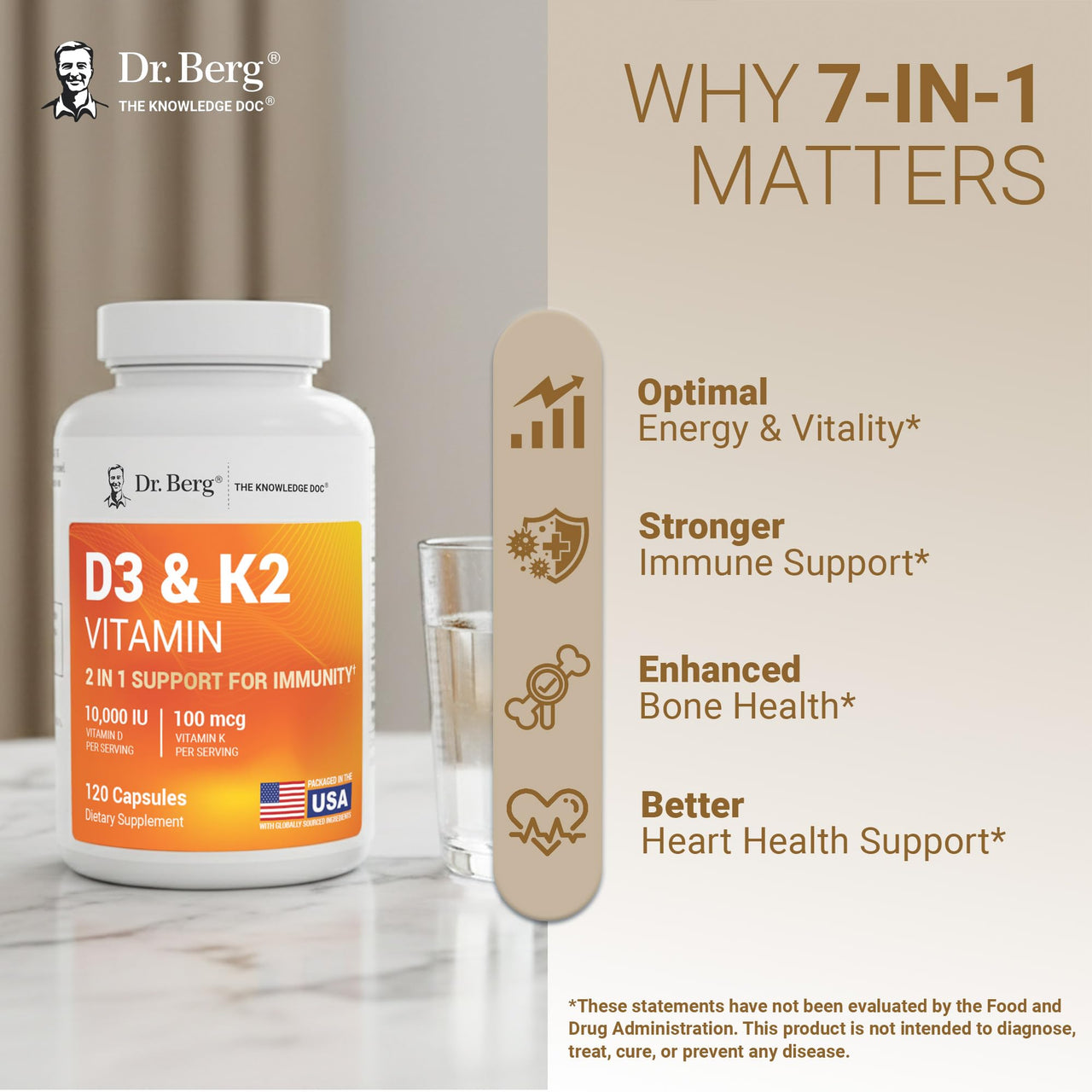 Dr. Berg Maximum Strength 2-in-1 Vitamin D3 K2 10,000 IU | Naturally Derived D3 | 4X Lab-Tested & Verified | High Absorption Formula | K2 D3 Vitamin Supplement - 120 Capsules