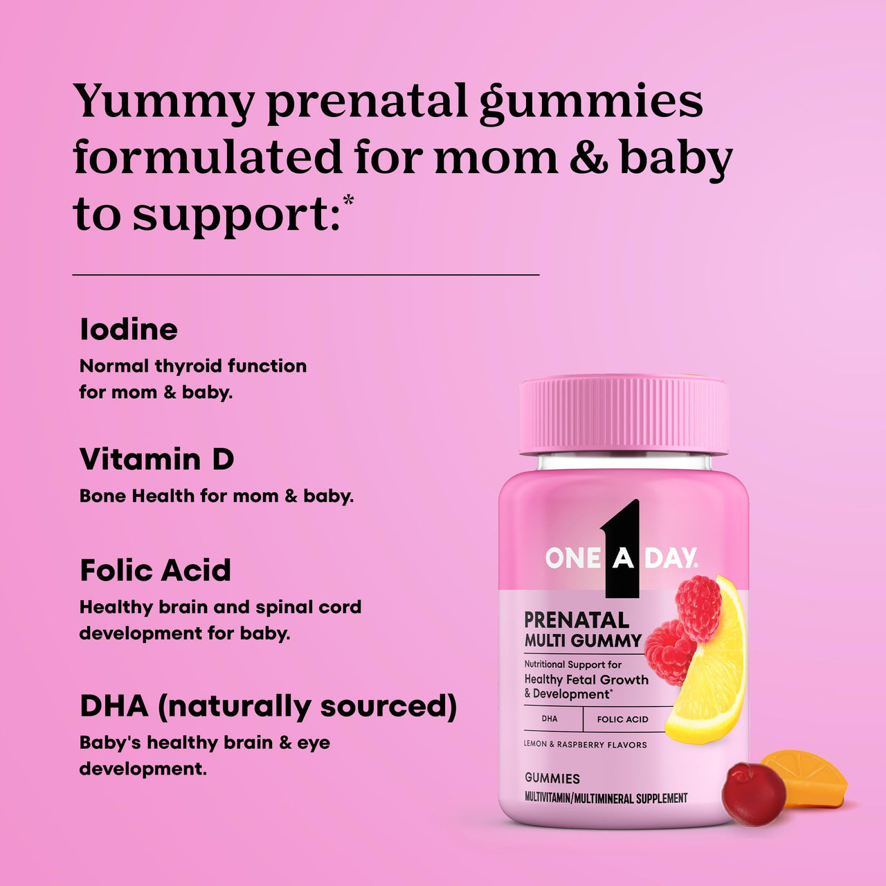 One A Day Prenatal Vitamins for Women Gummies- Pregnancy Vitamins for Women with Folic Acid, DHA, Iodine, Prenatal Gummies, Iron-Free, 120 Ct (Packaging May Vary)