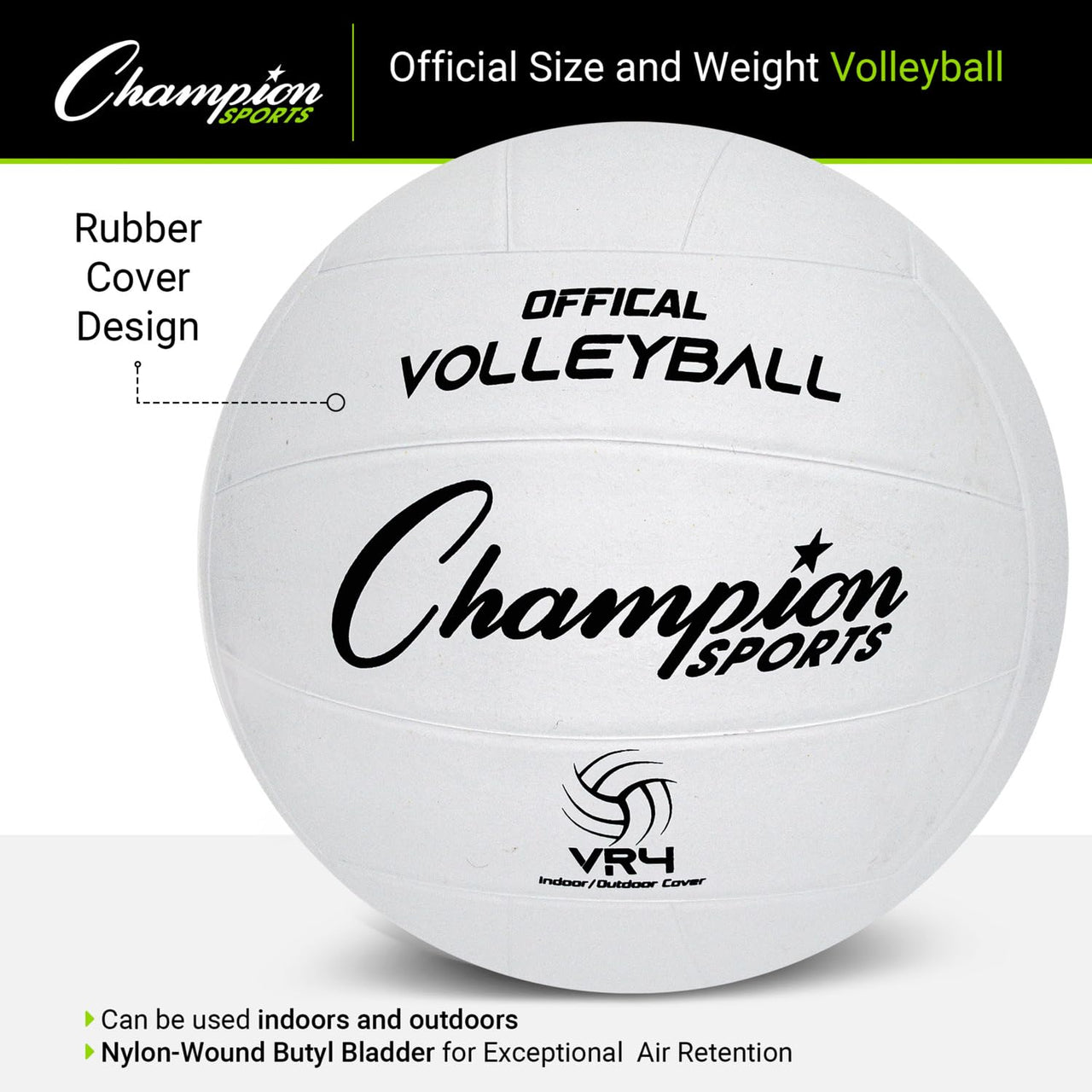 Champion Sports Rubber Volleyball, Official Size, for Indoor and Outdoor Use - Durable, Regulation Volleyballs for Beginners, Competitive, Recreational Play - Premium Volleyball - White, VR4, 1 Set