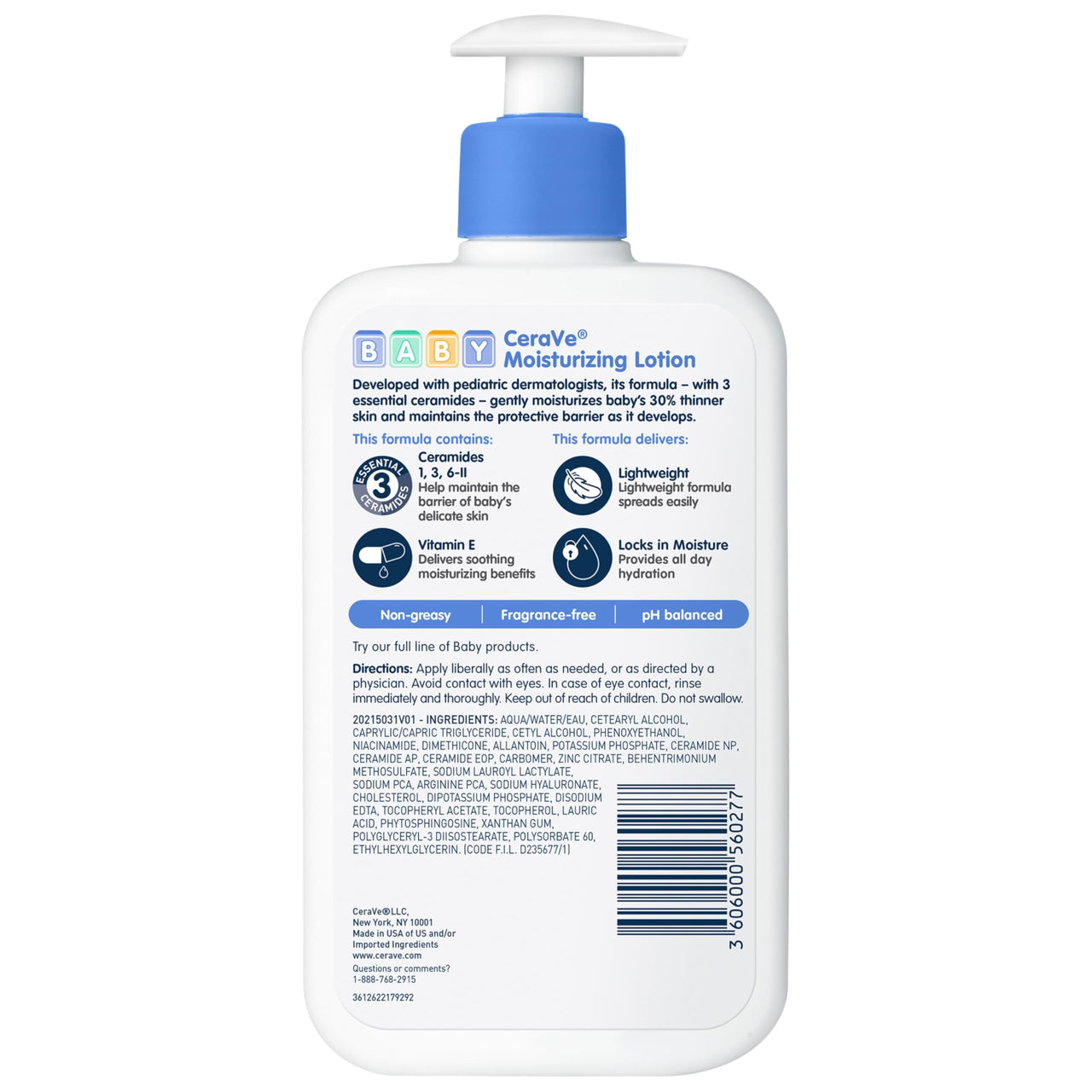 CeraVe Baby Lotion, Gentle Baby Skin Care with Ceramides, Niacinamide & Vitamin E, Fragrance, Paraben, Dye & Phthalates Free, Lightweight Moisturizer, 16 Ounce