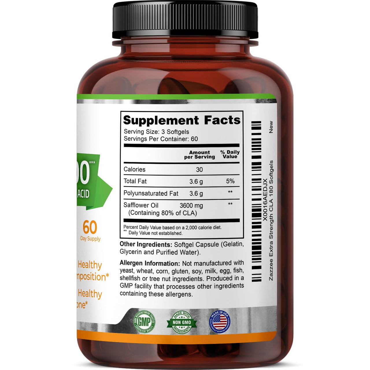 Zazzee High Potency CLA 3600, 180 Softgels, 3600 mg per Serving, Conjugated Linoleic Acid from Safflower Oil, Concentrated and Standardized, 60 Day Supply, Non-GMO and Made in The USA