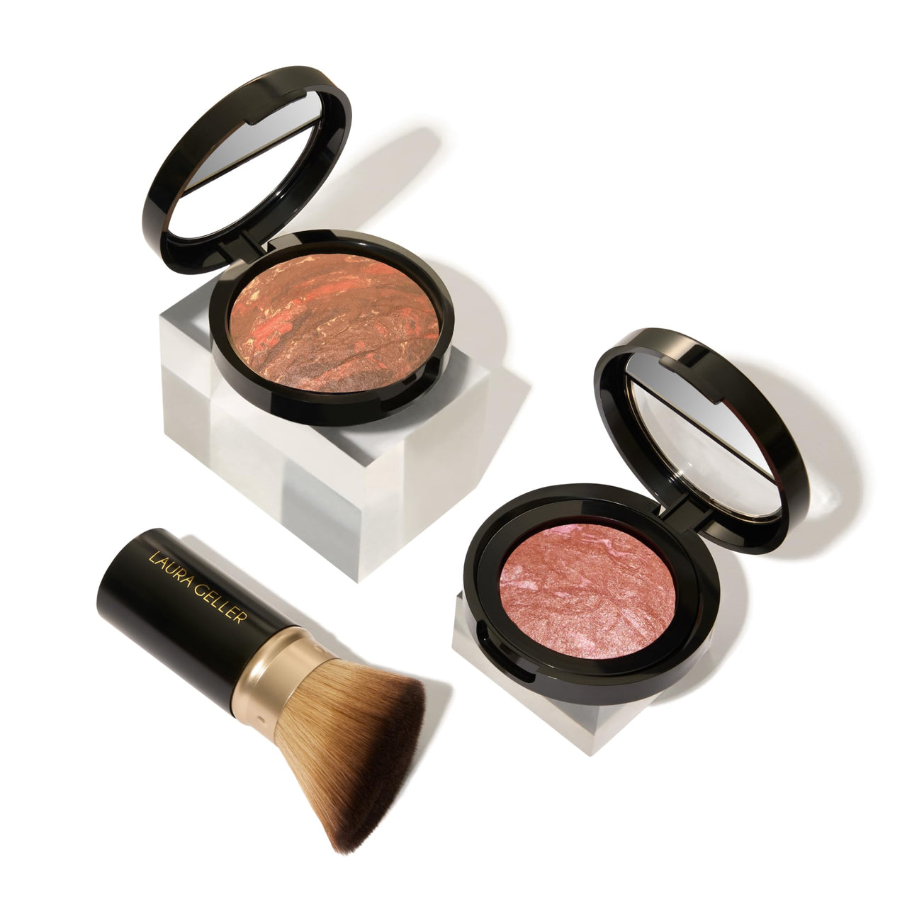 LAURA GELLER NEW YORK Blush-n-Glow Kit (3 Piece) Baked Balance-N-Glow Illuminating CC Powder Foundation Toffee, Retractable Kabuki Brush, Baked Blush-N-Brighten Pink Grapefruit