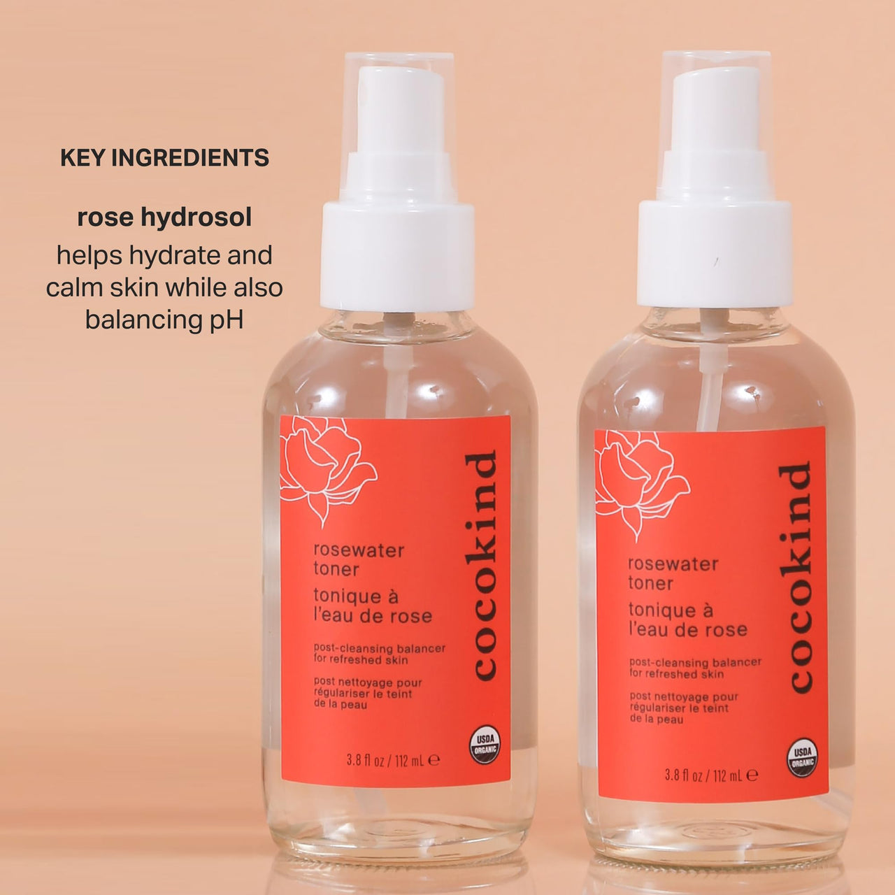Rosewater Facial Toner by Cocokind, Multipurpose Spray to Set Makeup, Double Cleanse, and Balance Skins pH, Made with Rose Hydrosol, 4 Fl Oz