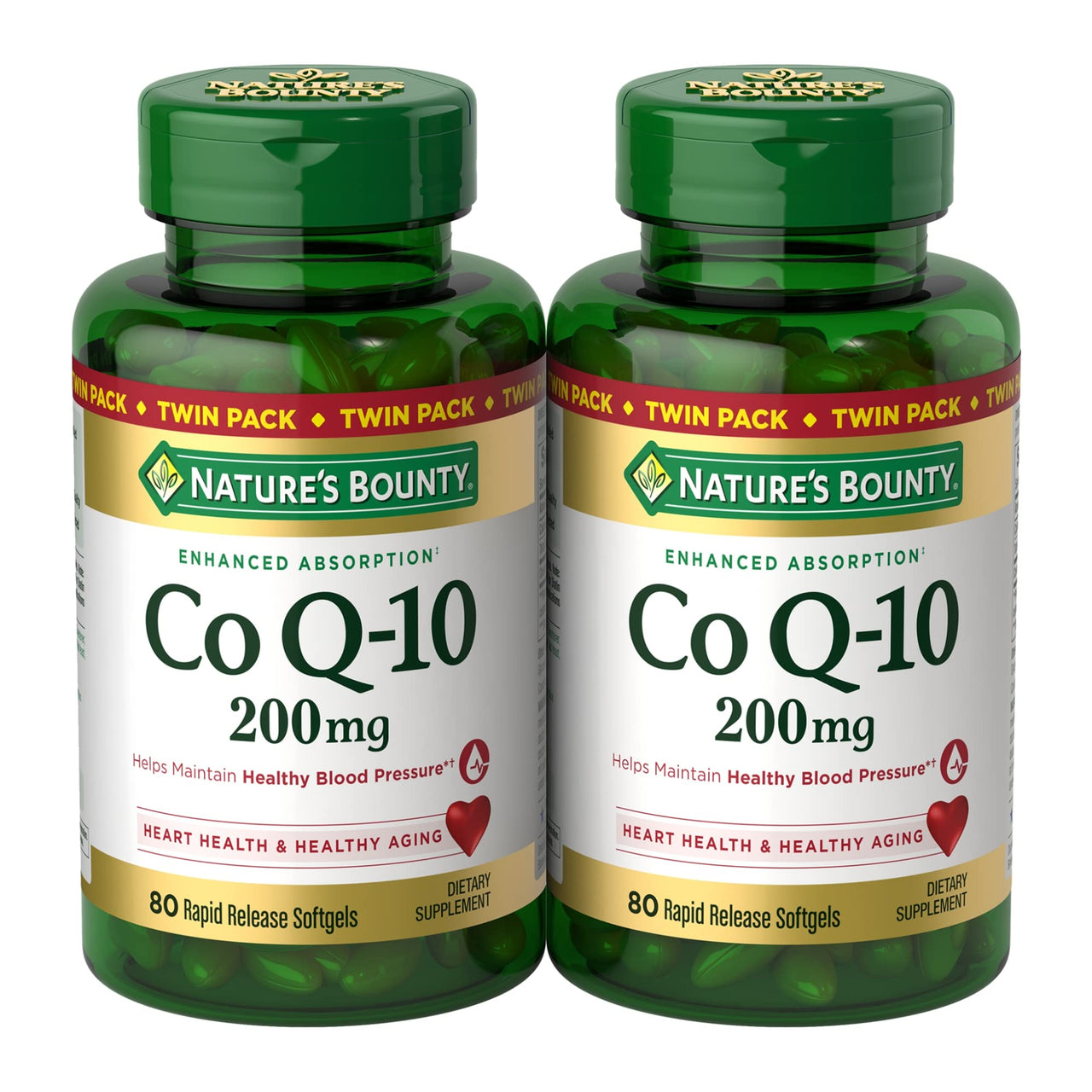 Nature's Bounty CoQ10 200 mg Softgels, Heart Health & Cellular Energy Support, Twin Pack, 160 Rapid Release Softgels