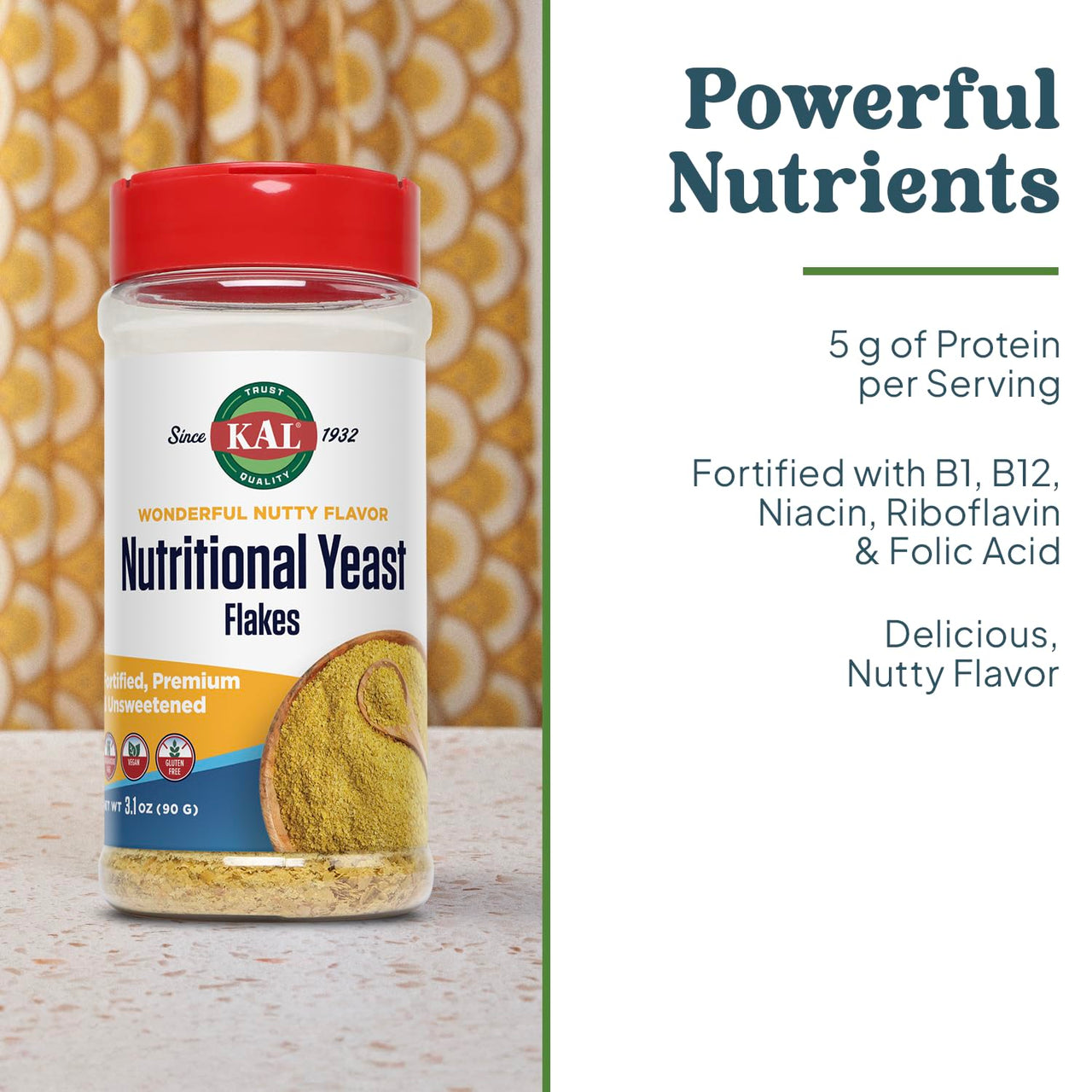 KAL Nutritional Yeast Flakes, Fortified with B12, Folic Acid & Other B Vitamins, Unsweetened, Great Nutty Flavor, Vegan & Gluten Free, 60-Day Money Back Guarantee, Made in The USA, 20 Servings, 3.1oz