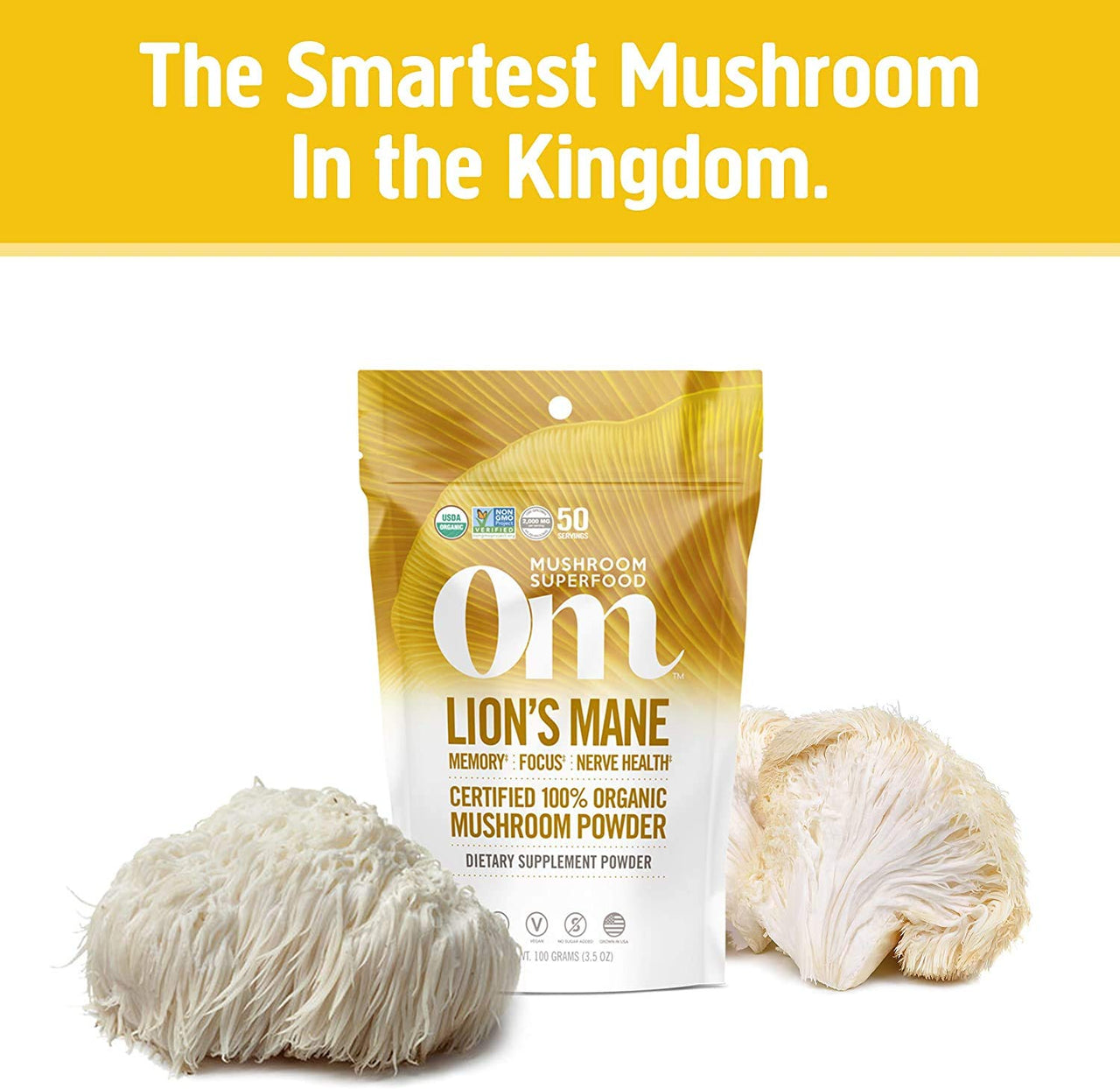 Om Organic Mushroom Superfood Powder, Lions Mane, 3.5 Ounce (50 Servings) (Тwo Рack)