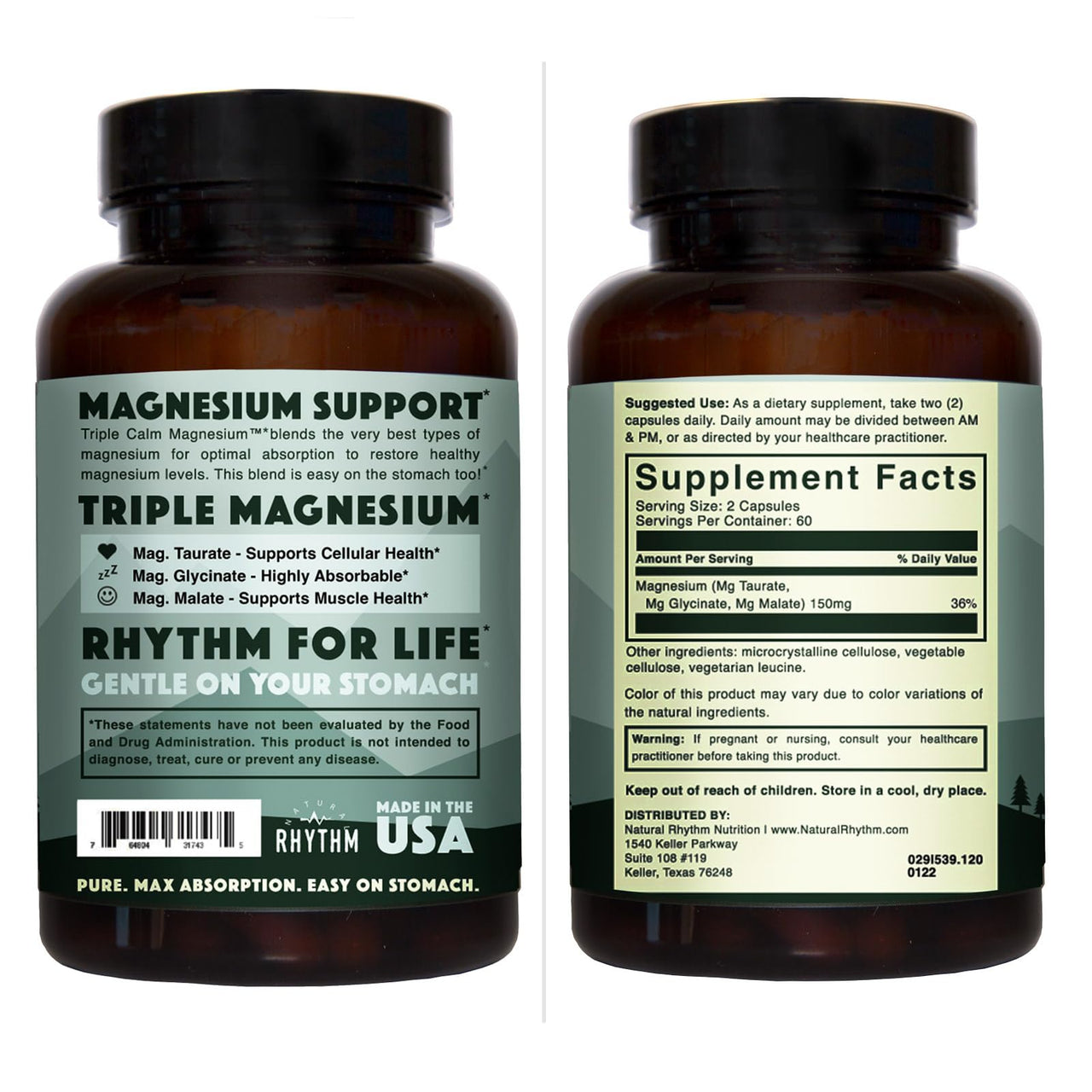 Natural Rhythm Triple Calm Magnesium Complex - 120 Capsules, Chelated Magnesium Glycinate, Taurate & Malate, High Absorption Supplement for Sleep, Stress, Muscle & Heart Support, Non-GMO, Vegan
