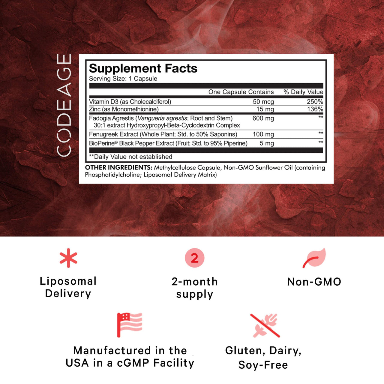 Codeage Liposomal Fadogia Agrestis 600mg Supplement - Fadogia Agrestis 30:1 Extract, Vitamin D3, Zinc, Fenugreek, BioPerine Black Pepper - 2-Month Supply - Liposomal Delivery - Non-GMO, 60 Capsules