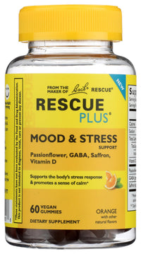 Thumbnail for Bach Rescue Plus Mood & Stress Support Gummies, Daytime Dietary Supplement with Passionflower, GABA, Saffron & Vitamin D, Natural Orange Flavor, Vegan & Gluten-Free, 60 Count