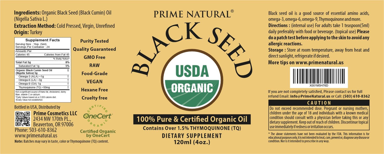Prime Natural Organic Black Seed Oil 4oz - Cold Pressed Unrefined High Thymoquinone 1.7% USDA Certified - Turkish Origin Potent Nigella Sativa Liquid - Vegan Omega 3 6 9, Antioxidant