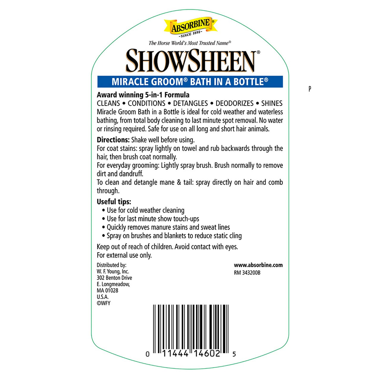 Absorbine ShowSheen Miracle Groom Waterless Shampoo, 5-in-1 Formula for Coat, Mane & Tail, 32oz