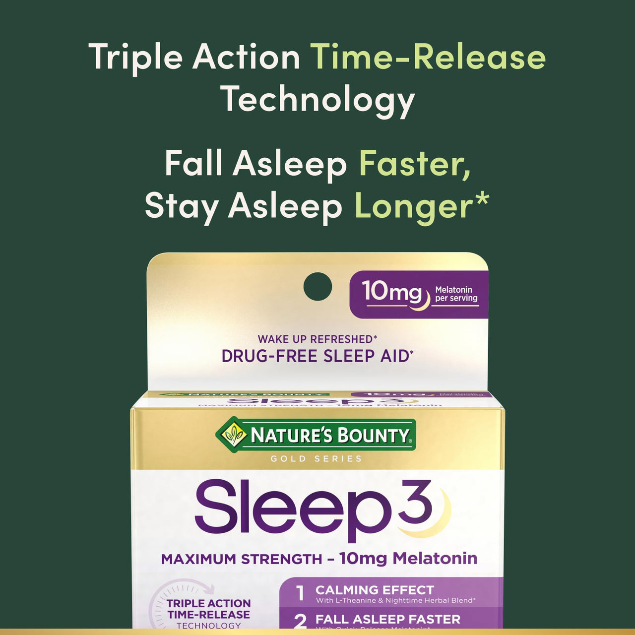 Nature’s Bounty Sleep3 Melatonin 10mg, Maximum Strength 100% Drug Free Sleep Aid, Dietary Supplement, L-Theanine & Nighttime Herbal Blend Time Release Technology, 60 Tri-Layered Tablets