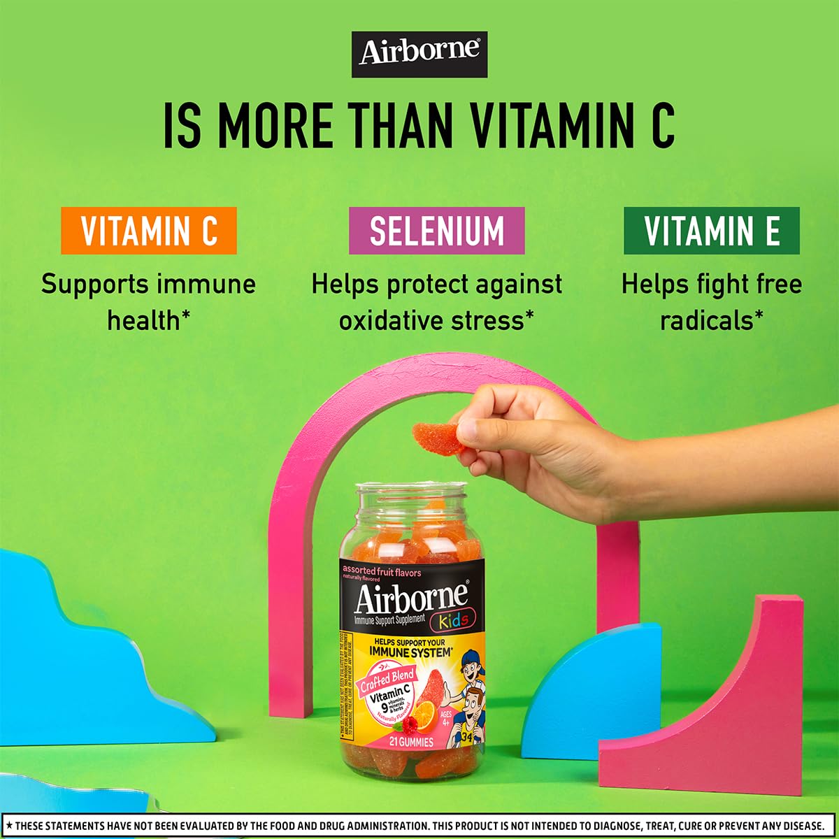 Airborne 500mg Vitamin C + Zinc Immune Support Supplement Gummies for Kids, Assorted Fruit Flavor, Gluten Free Crafted Blend with Powerful Antioxidants Vitamins C & E, 21 Gummies (4 Pack)