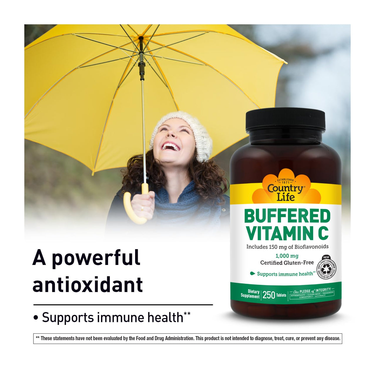 Country Life Buffered Vitamin C 1000mg with Bioflavonoids, Calcium, Magnesium, Potassium - Immune Support, Vegan Capsules, Gluten-Free, Gentle on Stomach - 250 Tablets