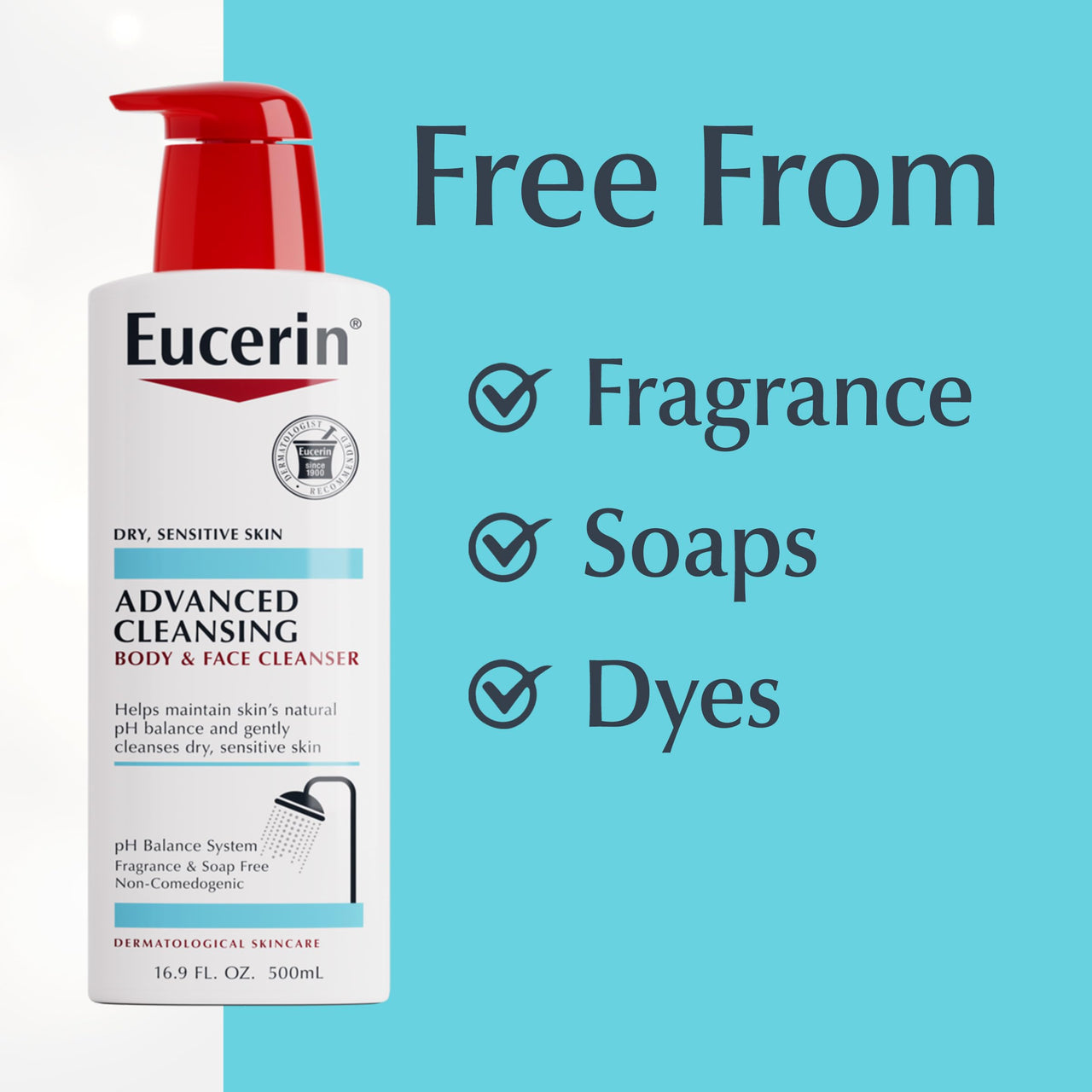 Eucerin Advanced Cleansing Body and Face Cleanser, PH-Balanced, Gentle Face and Body Wash for Normal to Dry, Sensitive Skin, Free of Soap, Fragrances, Dyes and Parabens, 16.9 Fl Oz Bottle