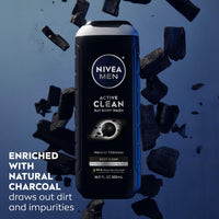 Thumbnail for NIVEA Men Active Clean Body Wash with Natural Charcoal for Normal to Oily Skin, 3-in-1 Charcoal Body Wash, Face and Hair, Draws Out Dirt and Impurities, 16.9 Fl Oz Bottle, Pack of 3