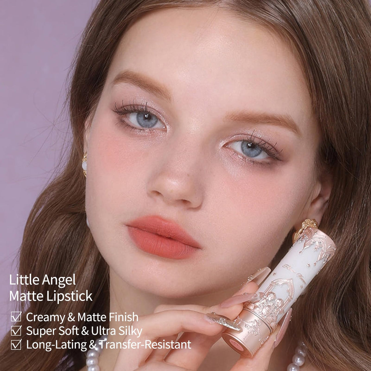 Flower Knows Little Angel Matte Lipstick,Super Soft & Ultra Silky Lip Mud Stick,Long Lasting & Moisturizing Vegan Lip Makeup for Girls&Women,Velvety Nude Peachy Finish(C02 Fantasia)