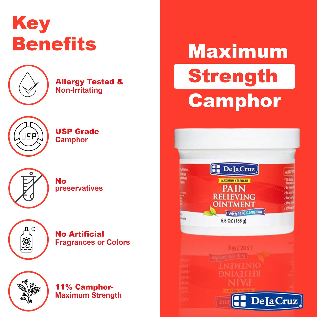De La Cruz Maximum Strength Muscle & Joint Camphor Ointment 11% - Back Pain Relief Products, Arthritis Pain Reliever, Pain Relief Cream for Aches, Sprains & Bruises - 5.5 oz Jumbo Jar
