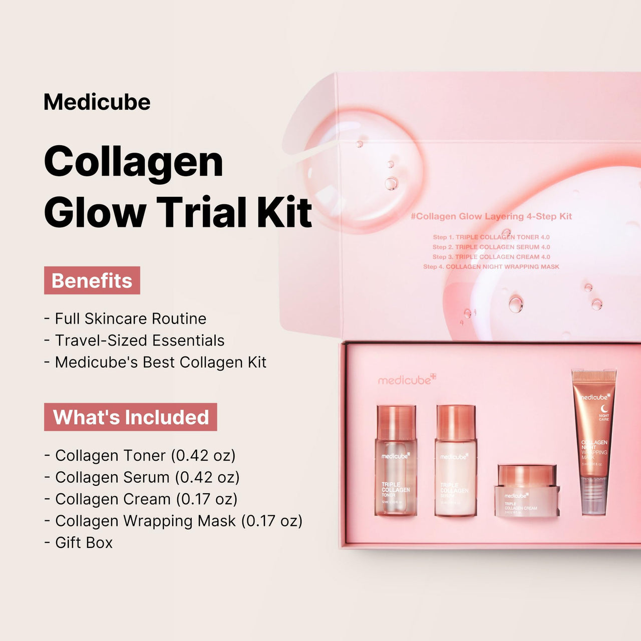 medicube Glass Skin Collagen Trial Kit | Korean Skincare Set and Kit | Gifts for women | 4-Step Skincare Set for glowy skin | Travel Size