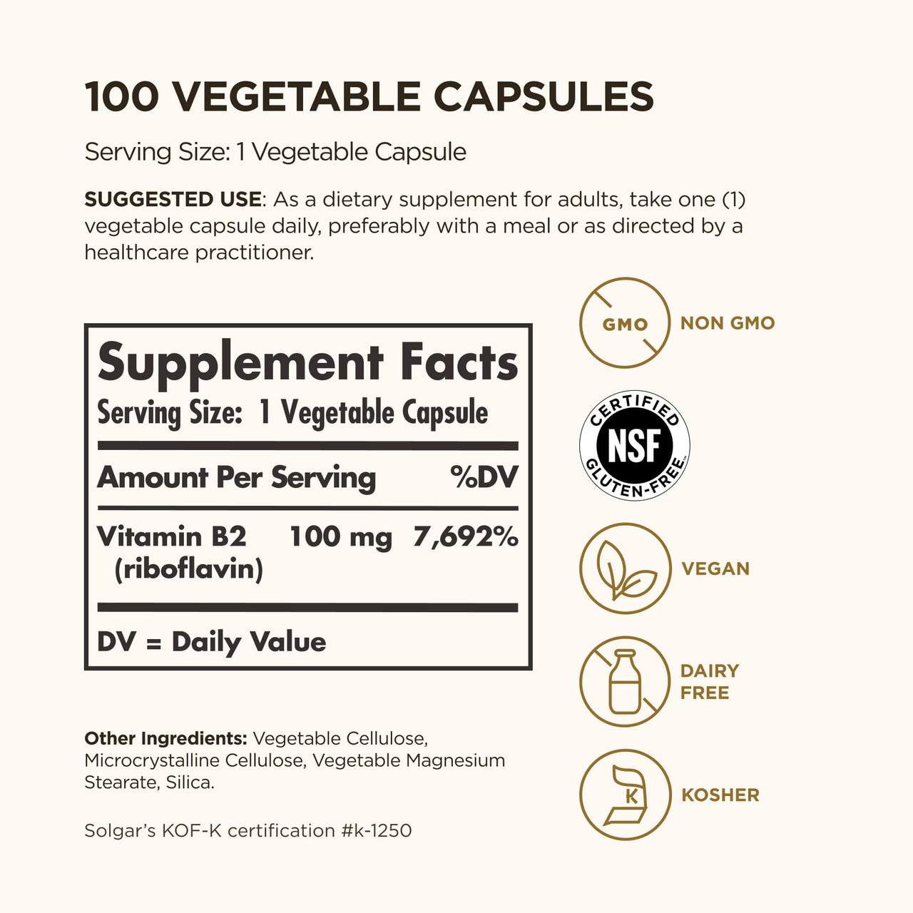 Solgar Vitamin B2 (Riboflavin) 100mg, 100 Vegetable Capsules - Energy Metabolism, Healthy Nervous System - Non-GMO, Vegan, Gluten Free, Dairy Free, Kosher - 100 Servings
